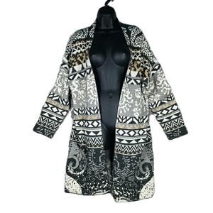 Open Front Cardigan Sweater Large Gray Black Longline‎ Tribal Geo Knit Greige